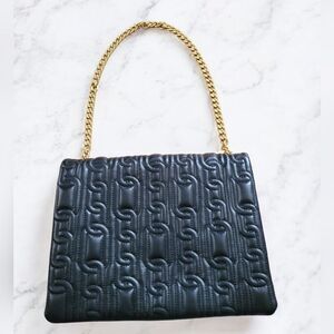 Zara Black Quilted Patterned Vegan Leather Gold Chain Large Shoulder Bag